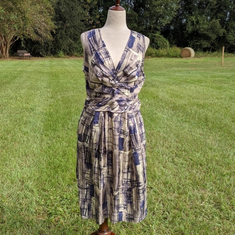 Moschino silk sleeveless grey navy print dress L